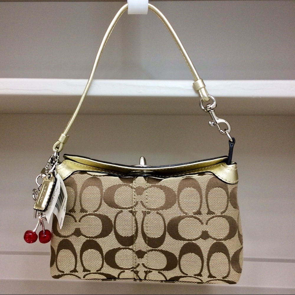 Authentic Coach Y2K Signature Turnlock Large Wristlet Mini Bag Metallic Khaki